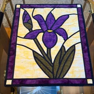 Purple and Yellow iris table cover quilt or Wall Hanging